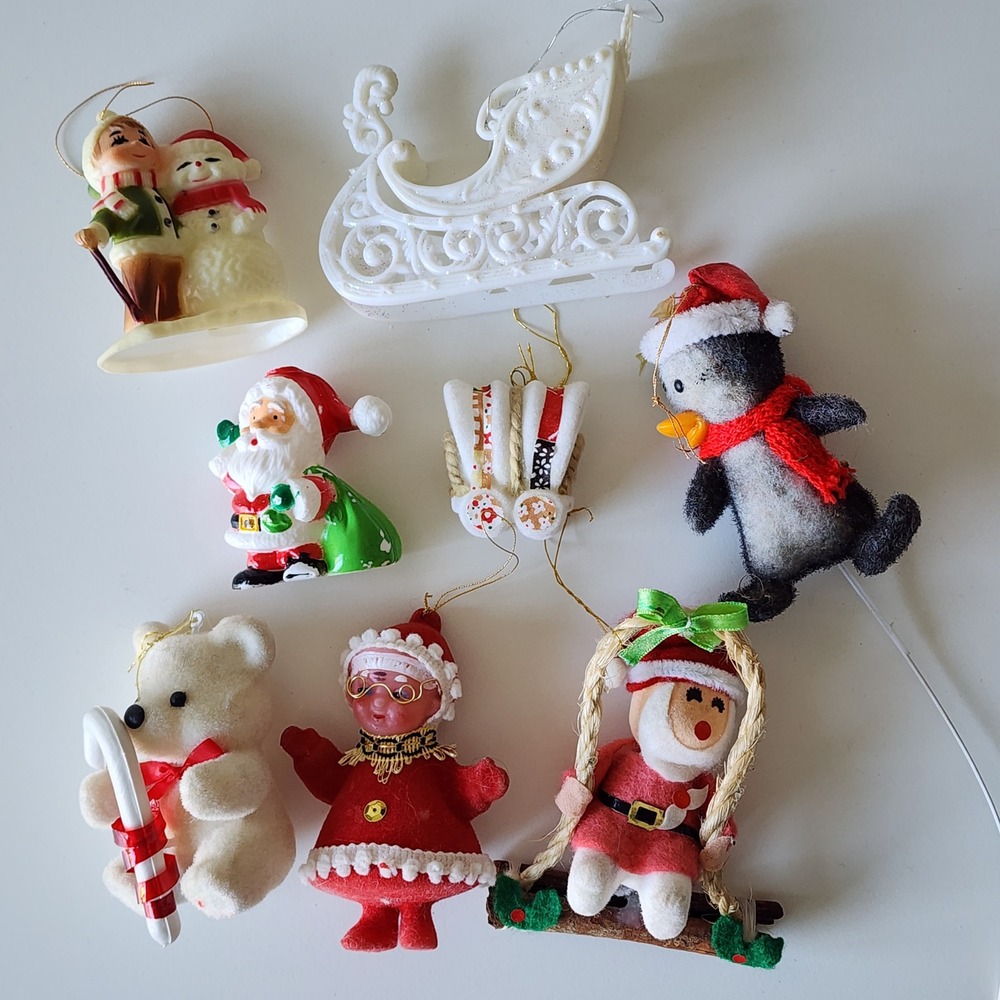Vintage Christmas Ornaments Lot 8pc Flocked Plastic 
Kitsch Santa Mrs Claus MCM